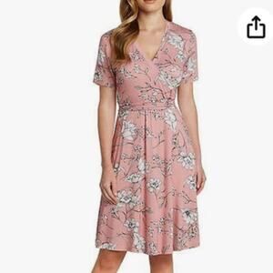 MATTY M Blush Pink faux wrap Dress Short Sleeve Jersey floral Cottagecore  L